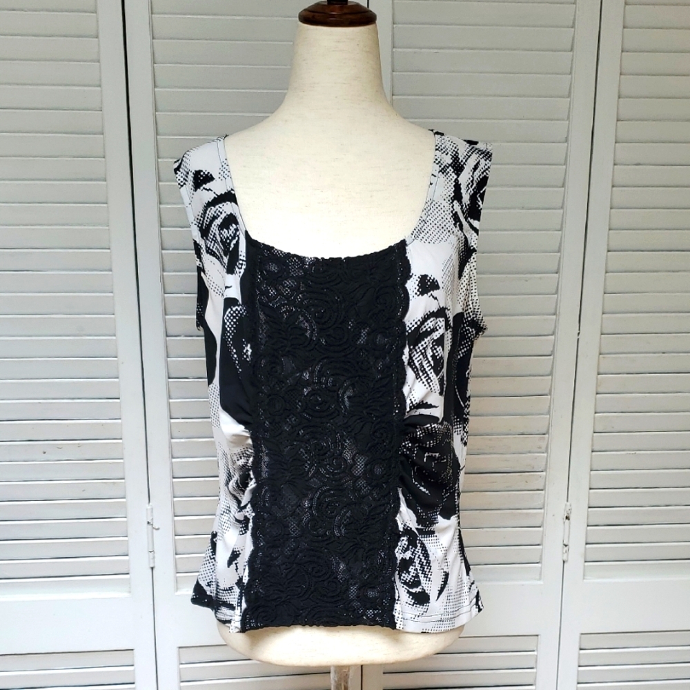 Joseph Ribkoff Black and White Floral and Lace Fitted Tank Top